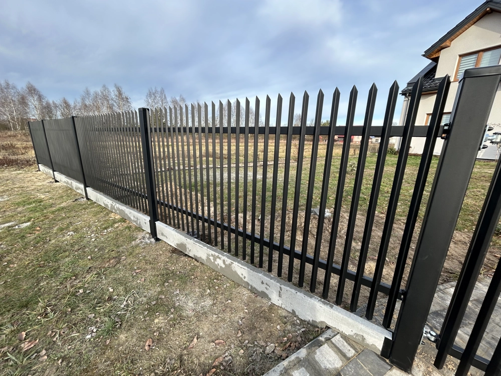 Czarne ogrodzenia palisadowe zamontowane na betonowej ławie, widok od frontu posesji