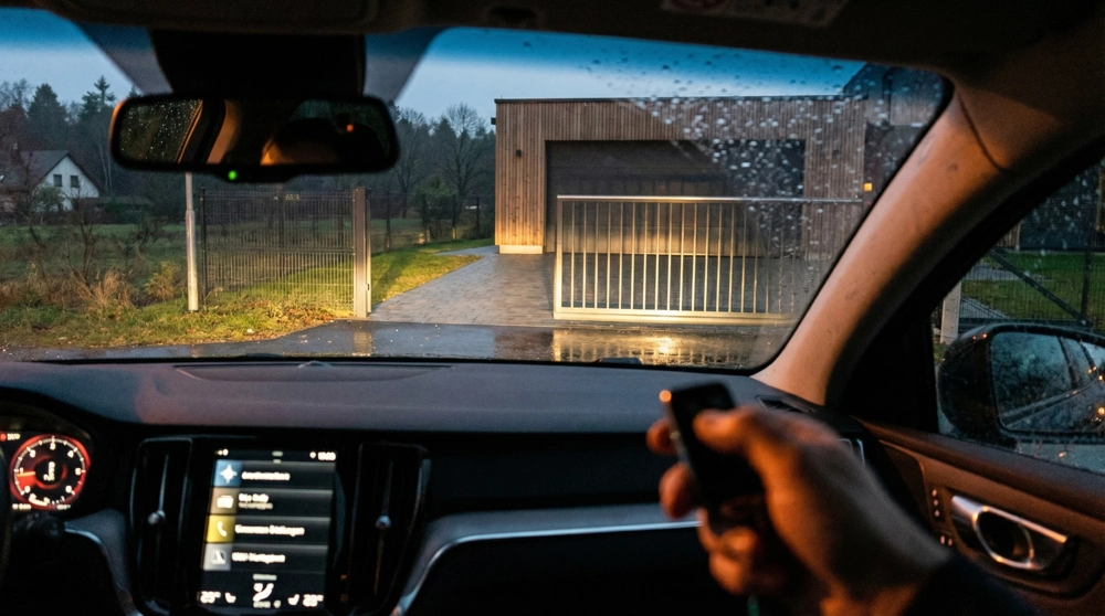 Pilot uruchamia automatykę do bram przy nowoczesnej bramie wjazdowej